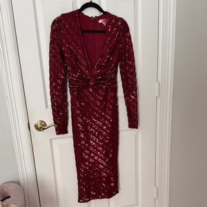 GODDIVA London Burgundy Sequin Twist-Front Long Sleeve Dress uk8/small